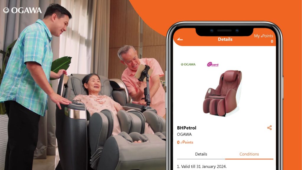 Ogawa Massage chair promotion on BHPetrol app celebrating Parents day